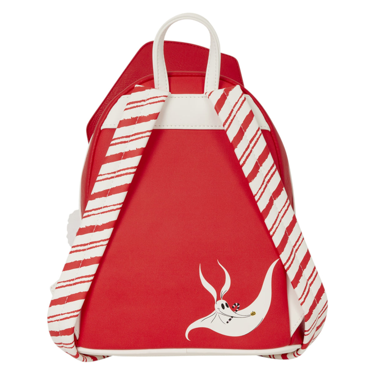 A red and white striped backpack featuring a white cartoon rabbit graphic on the front, with white top handles and side pockets, shown against a plain white background.