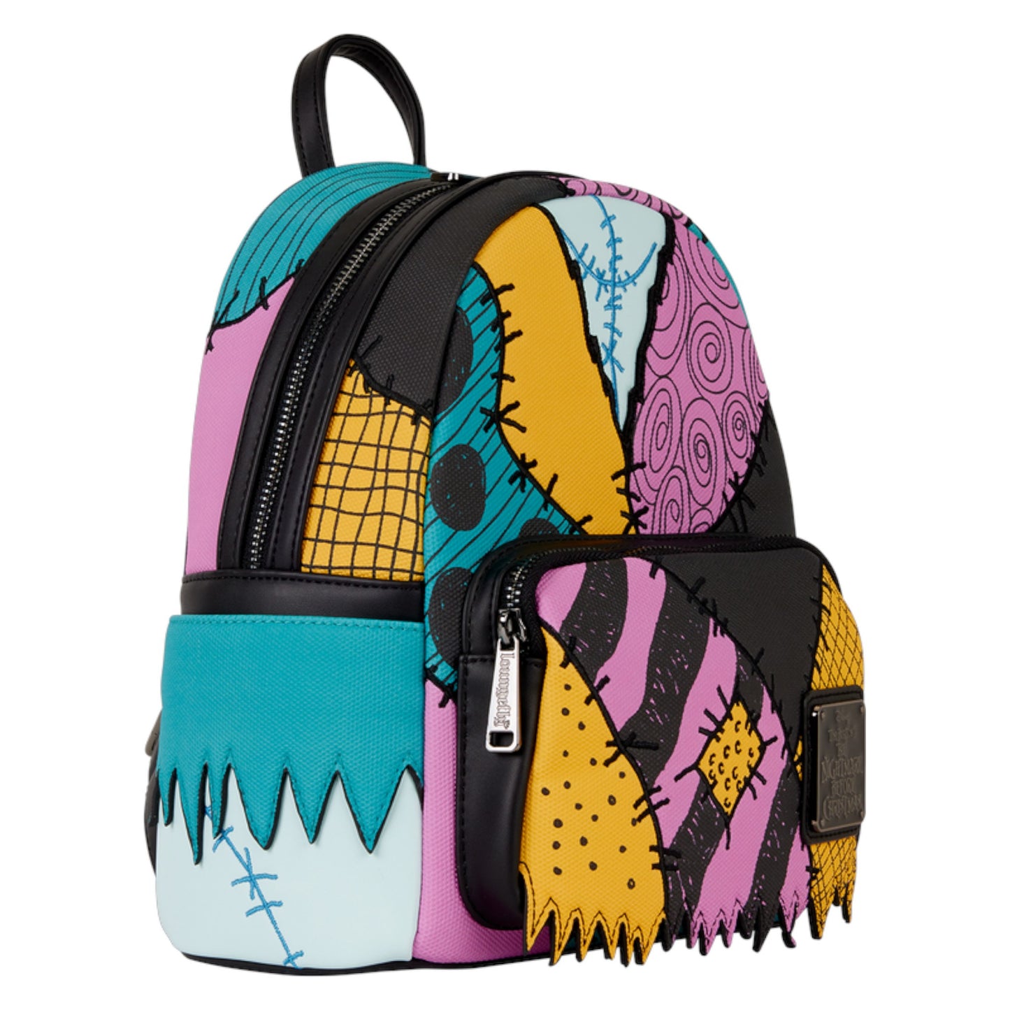 Colorful The Nightmare Before Christmas Sally backpack with abstract patterns on a white background