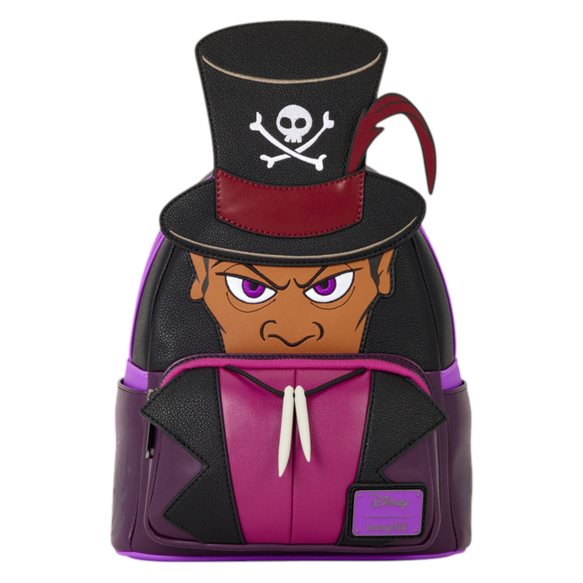 A Disney-themed character backpack shaped like a pirate with a top hat, featuring a black and magenta body, a skull-and-crossbones emblem on the hat, and a visible Disney character design on the front.