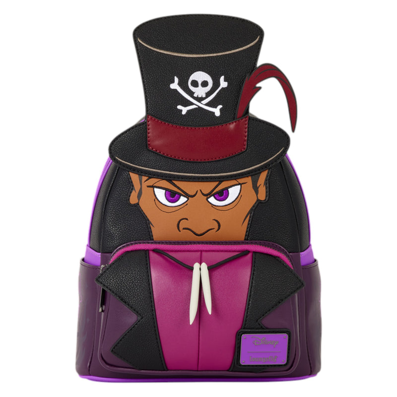 A Disney-themed character backpack shaped like a pirate with a top hat, featuring a black and magenta body, a skull-and-crossbones emblem on the hat, and a visible Disney character design on the front.