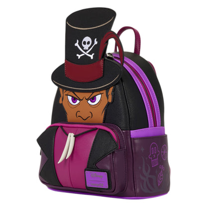 Disney Cruise Lines Wicked Captain Hook themed mini backpack, featuring a black and purple faux leather design with a printed Captain Hook face, top hat with skull and crossbones, and purple accents.