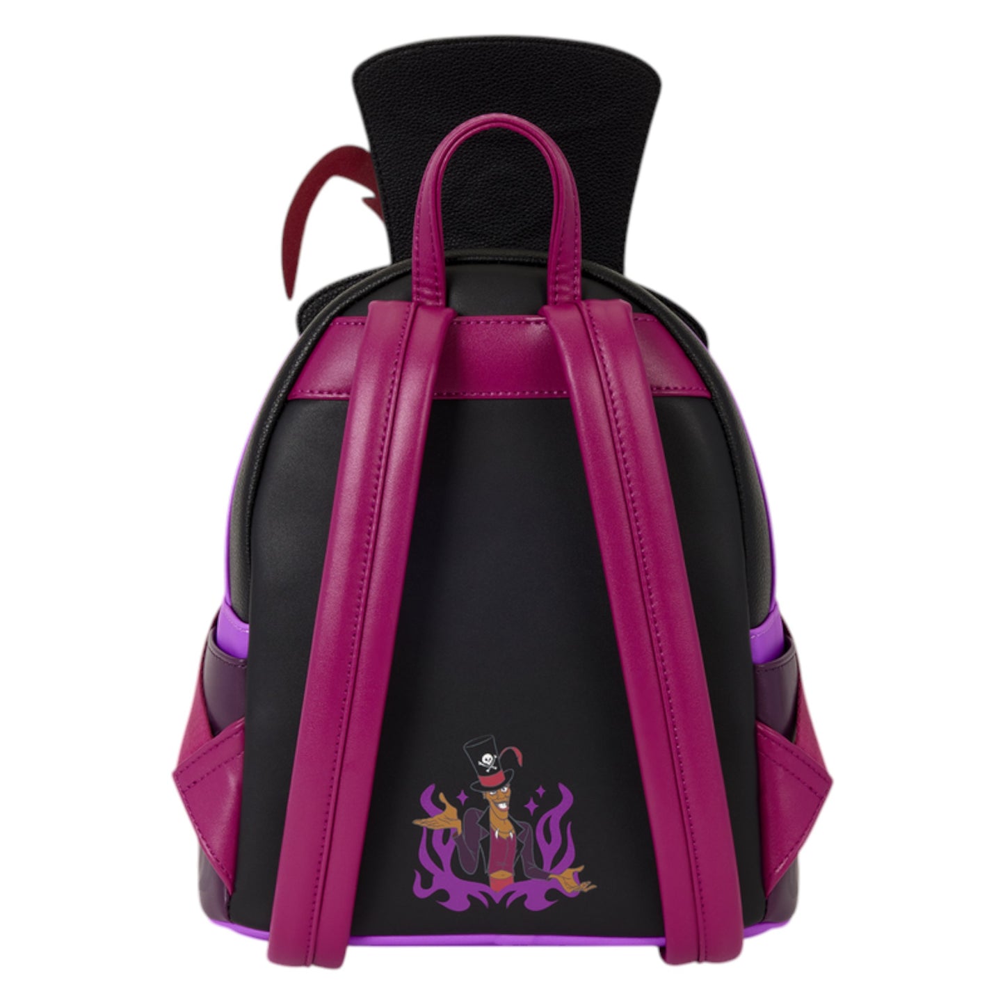 A black and magenta faux leather backpack featuring a top handle, side pockets, and a small cartoon graphic near the bottom center, shown against a plain white background.