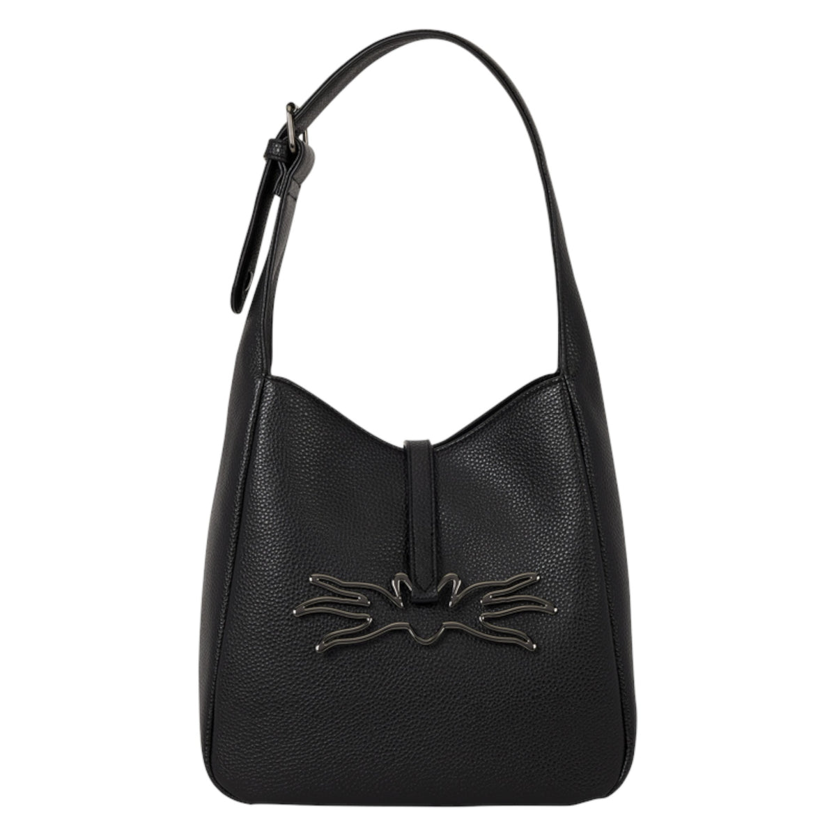 A black pebbled leather shoulder bag with a single strap and a prominent metallic Jack  Skellington embellishment on the front, shown against a plain white background.