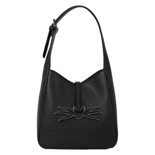 A black pebbled leather shoulder bag with a single strap and a prominent metallic Jack  Skellington embellishment on the front, shown against a plain white background.