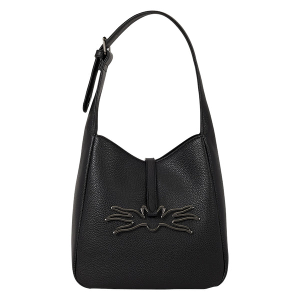 A black pebbled leather shoulder bag with a single strap and a prominent metallic Jack  Skellington embellishment on the front, shown against a plain white background.