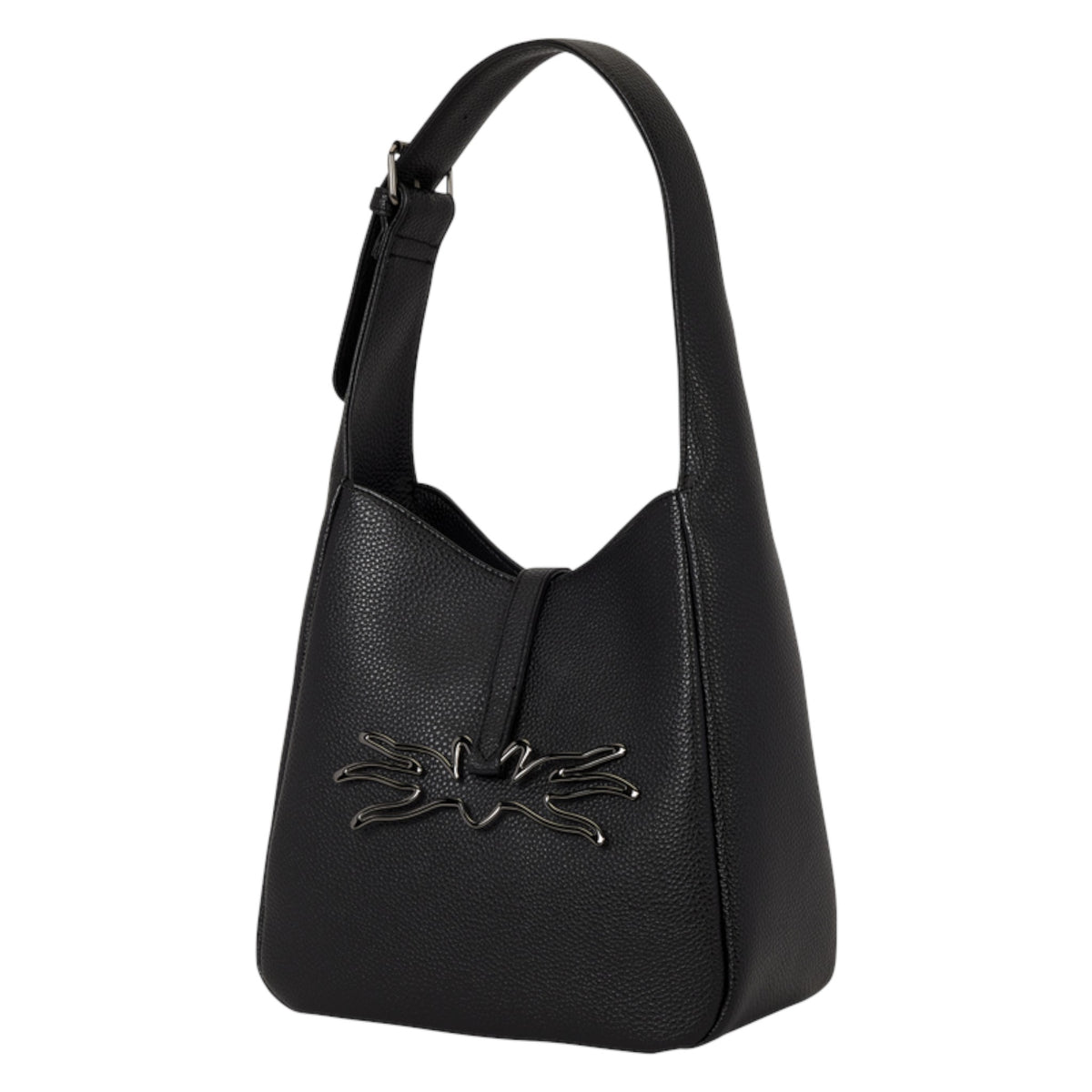 A black pebbled leather shoulder bag with a unique Jack Skellington metal embellishment on the front, set against a plain white background.