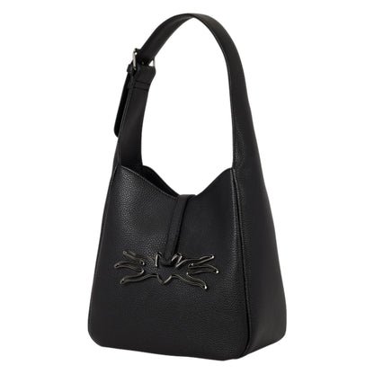 A black pebbled leather shoulder bag with a unique Jack Skellington metal embellishment on the front, set against a plain white background.