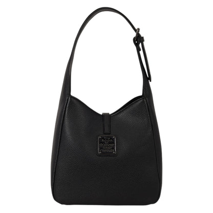A black pebbled leather hobo shoulder bag with a single strap and a small black metal brand plaque on the front, shown against a plain white background.