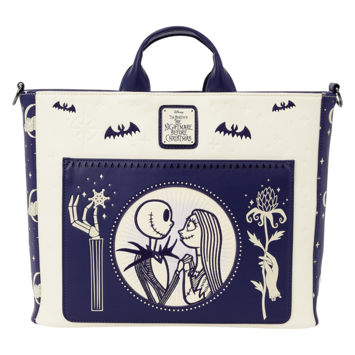 Disney The Nightmare Before Christmas themed tote bag featuring Jack Skellington and Sally artwork on the front pocket, with navy blue and off-white panels, bat motifs, and a top handle.