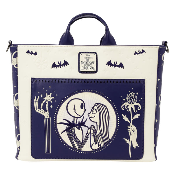 Disney The Nightmare Before Christmas themed tote bag featuring Jack Skellington and Sally artwork on the front pocket, with navy blue and off-white panels, bat motifs, and a top handle.