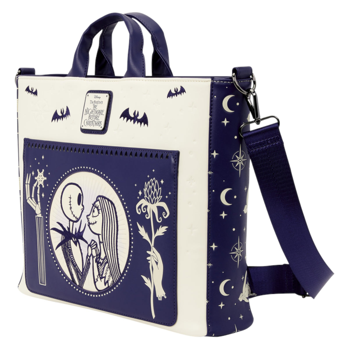 A Disney Nightmare Before Christmas tote bag with a navy blue and off-white color scheme, featuring Jack Skellington and Sally's illustration on the front pocket, bat motifs, and a matching shoulder strap.