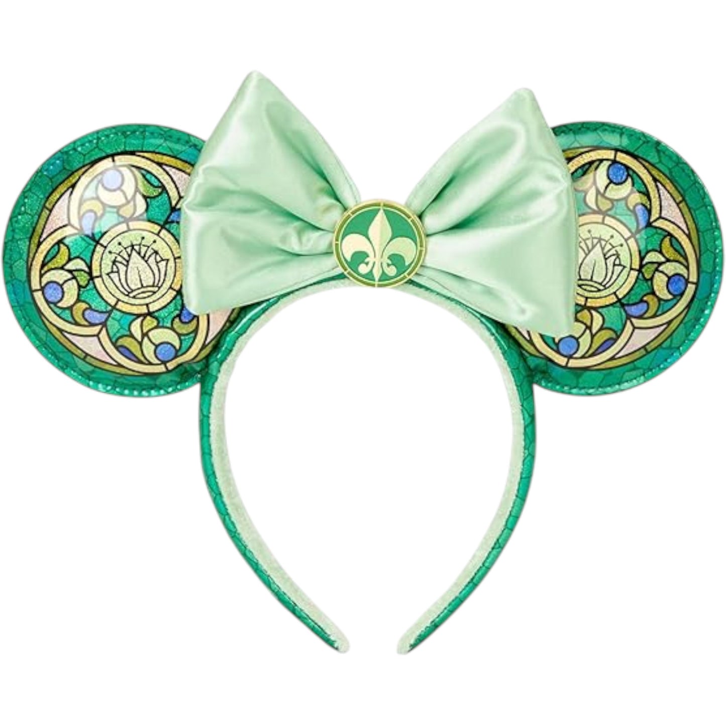 Green Minnie Mouse ears with a bow and Princess and the Frog stained glass pattern on a white background