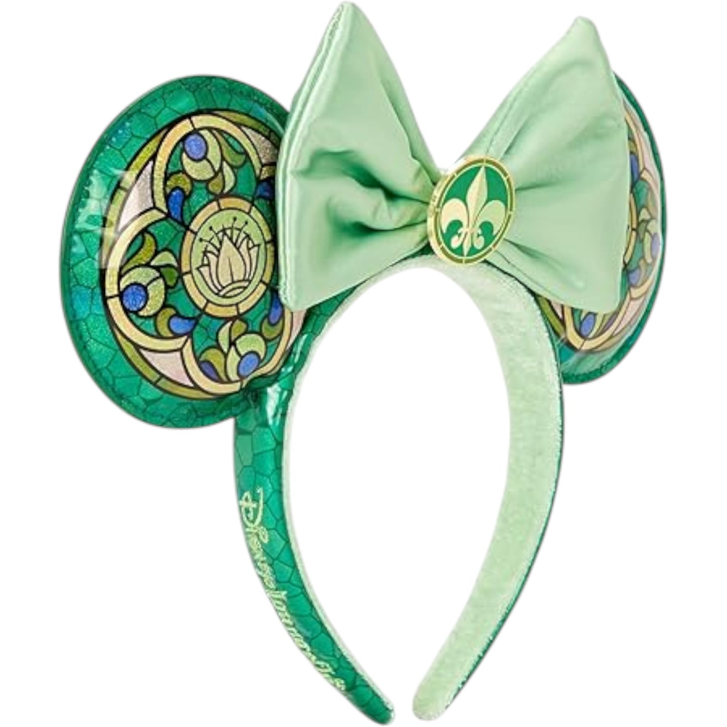 Green and light green Minnie Mouse Tiana ears with a bow on a white background