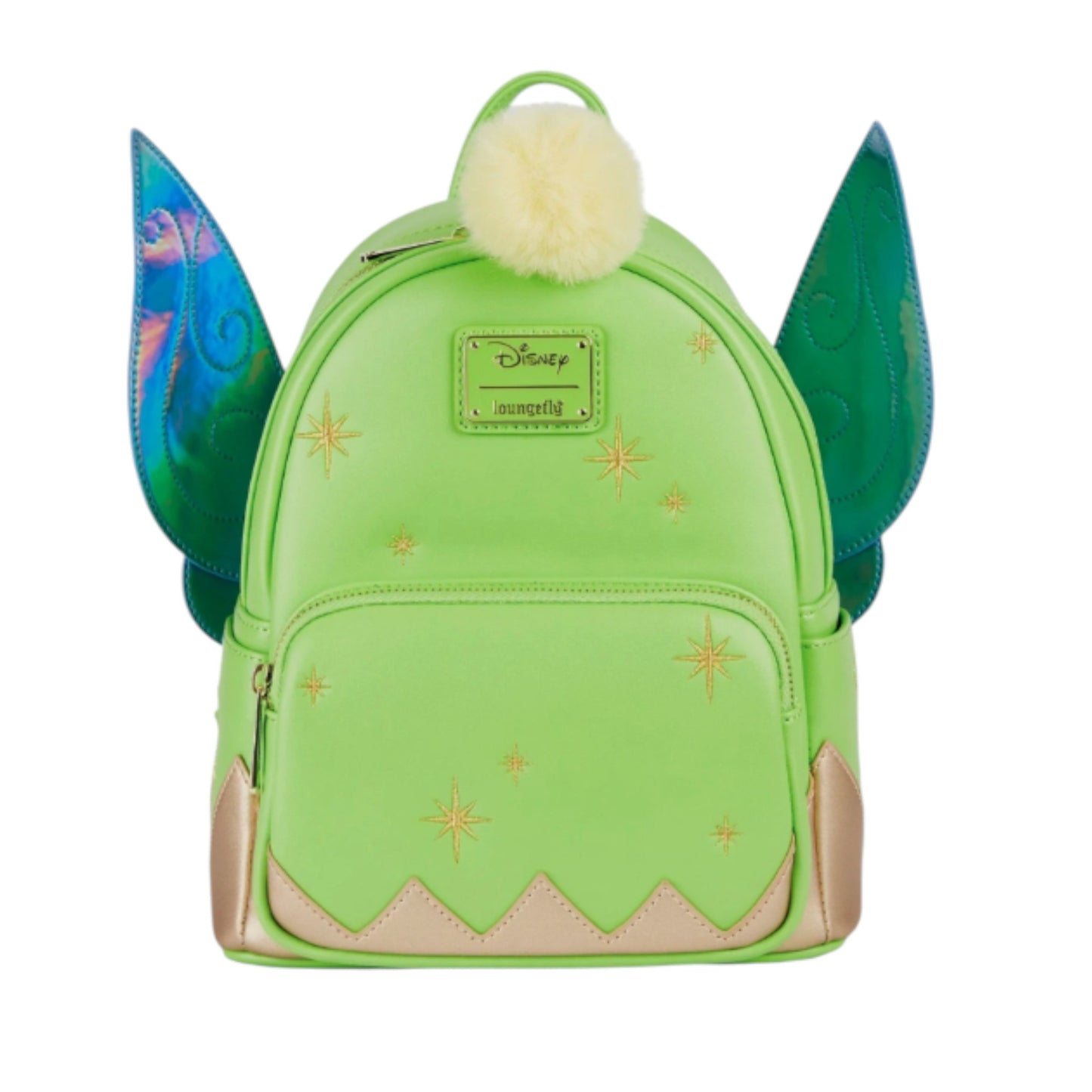 Green Tinker Bell Iridescent Holographic Wings backpack with fairy wings and a pom-pom on a white background