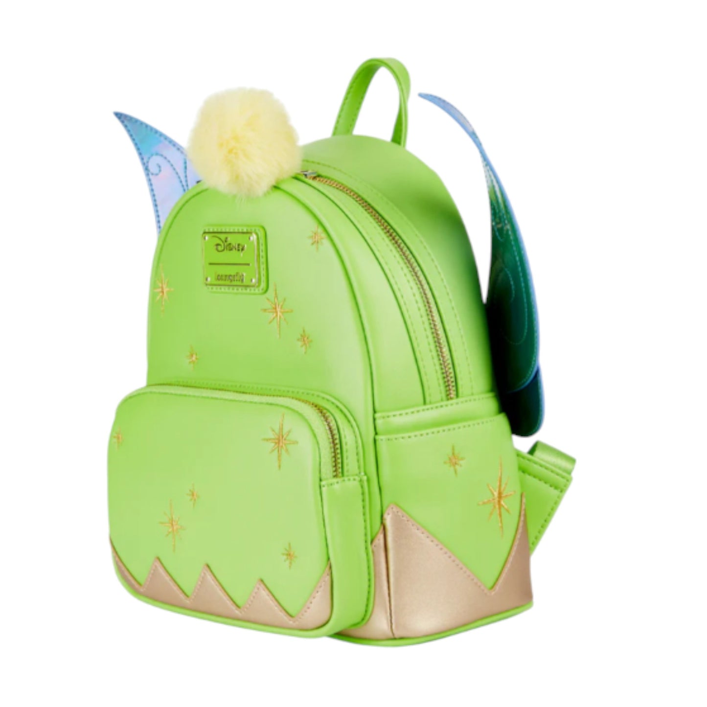 Green Tinker Bell Iridescent Holographic Wings backpack with fairy wings and a pom-pom on a white background