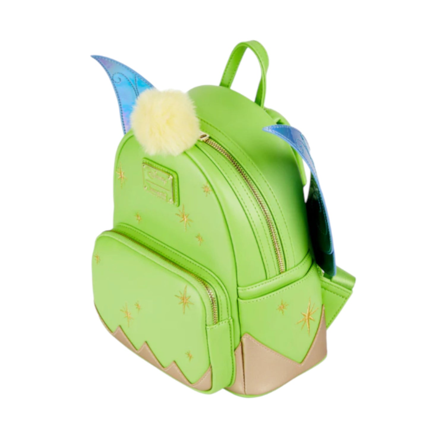 Green Tinker Bell Iridescent Holographic Wings  backpack with a fluffy yellow pom-pom on a white background
