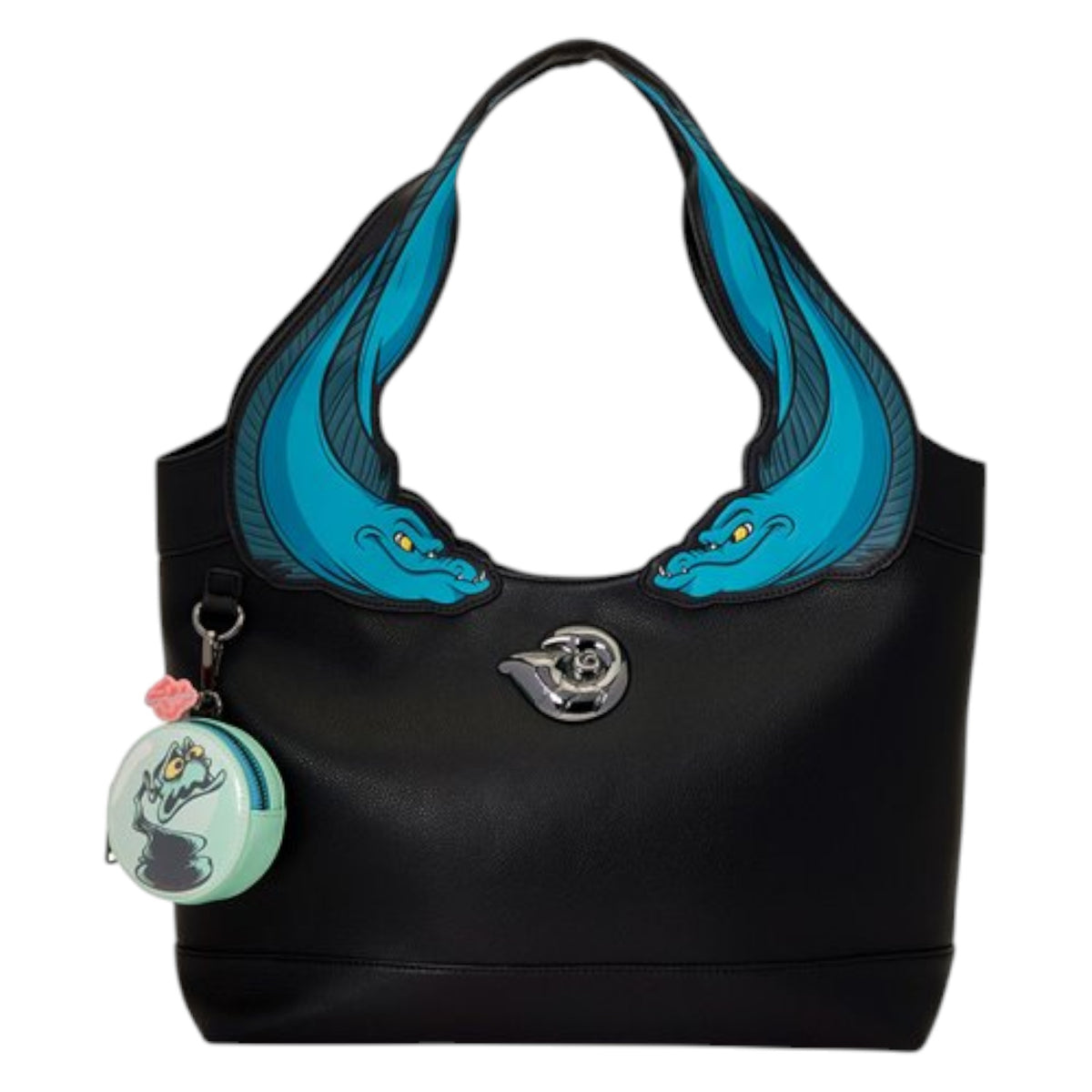 A black leather shoulder bag featuring large blue dragon head designs on the handles, a silver metal logo clasp, and a round mint green keychain charm with a cartoon dragon illustration.