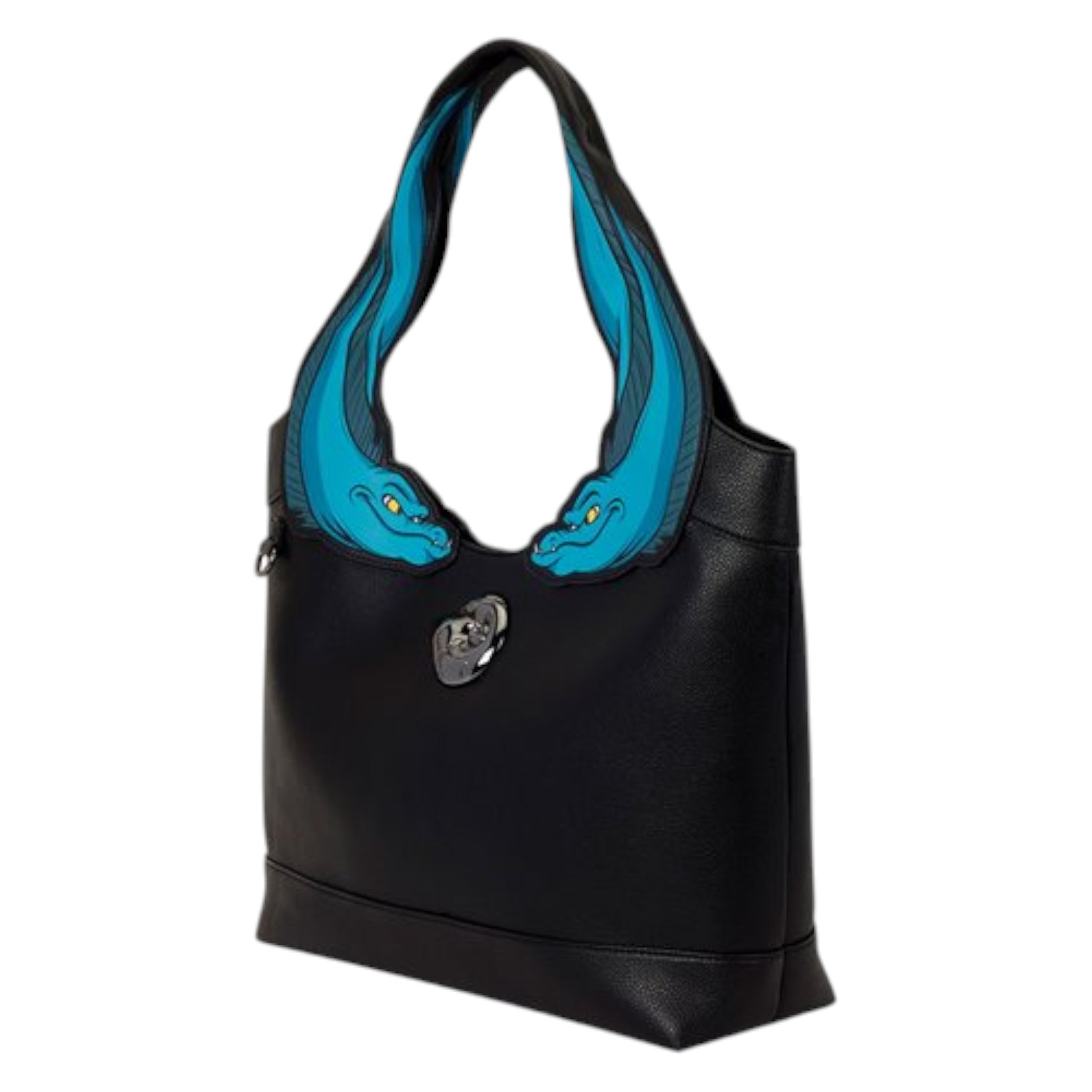 A black faux-leather shoulder bag with a silver heart-shaped clasp and bright turquoise blue dragon designs on the strap attachments, shown against a plain white background.
