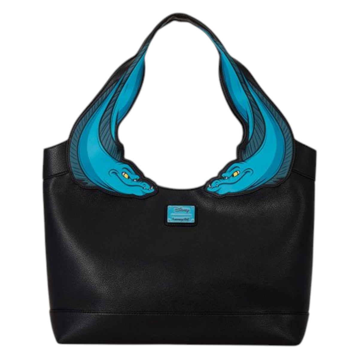 A black leather shoulder bag featuring two large, stylized blue dragon head motifs on the upper sides of the strap, with a small blue rectangular logo plaque on the front.