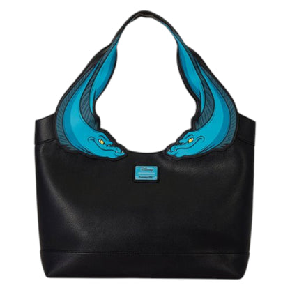 A black leather shoulder bag featuring two large, stylized blue dragon head motifs on the upper sides of the strap, with a small blue rectangular logo plaque on the front.