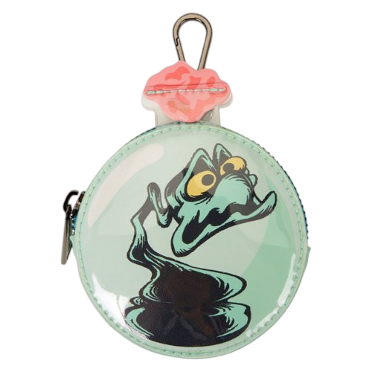 A round mint green coin purse featuring a stylized cartoon monster face with yellow eyes, a pink lip-shaped charm at the top, and silver metal keyring hardware, shown on a plain white background.