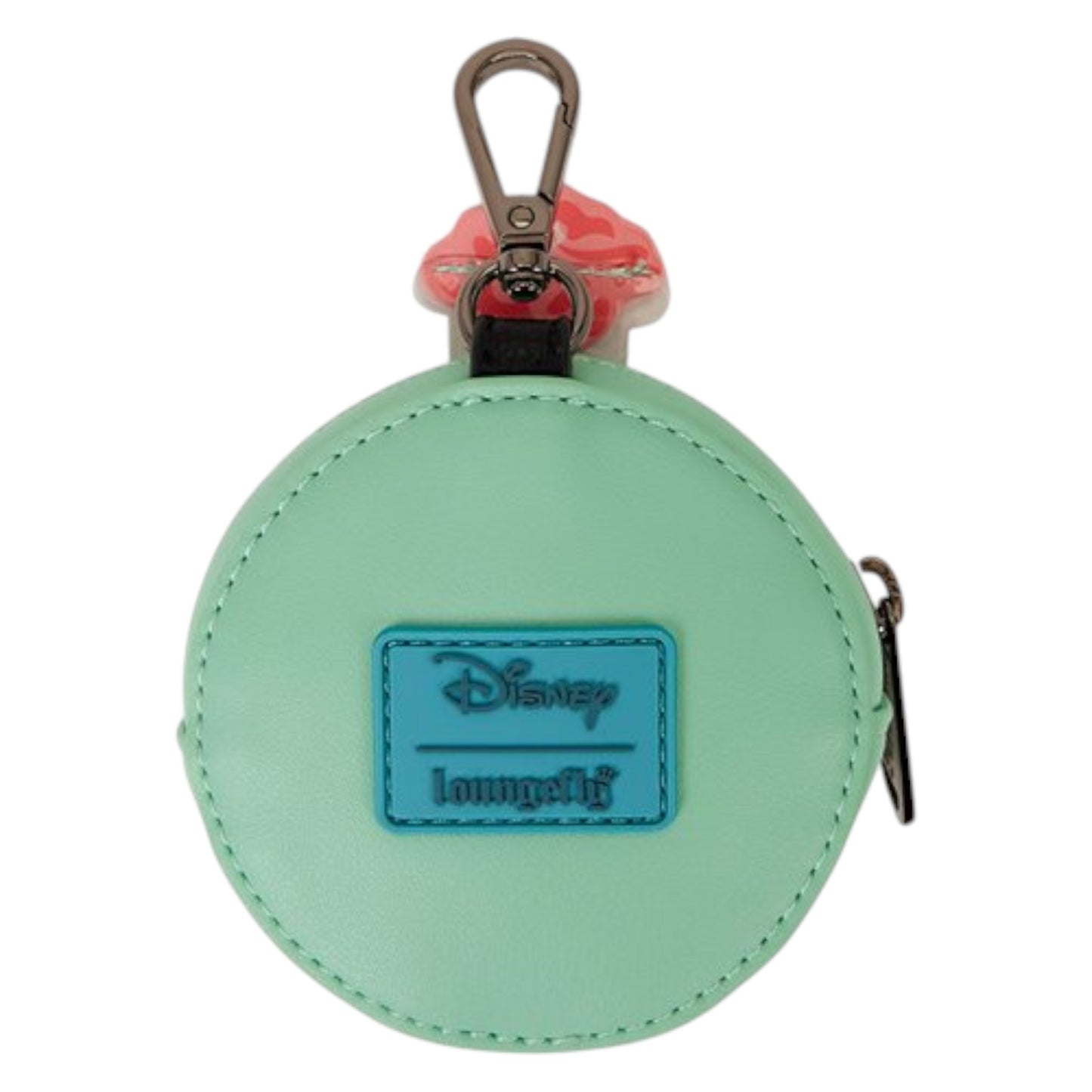 A mint green round coin purse keychain with a turquoise Disney Loungefly patch on the front, a silver metal clasp, and a pink lip charm at the top, shown on a white background.