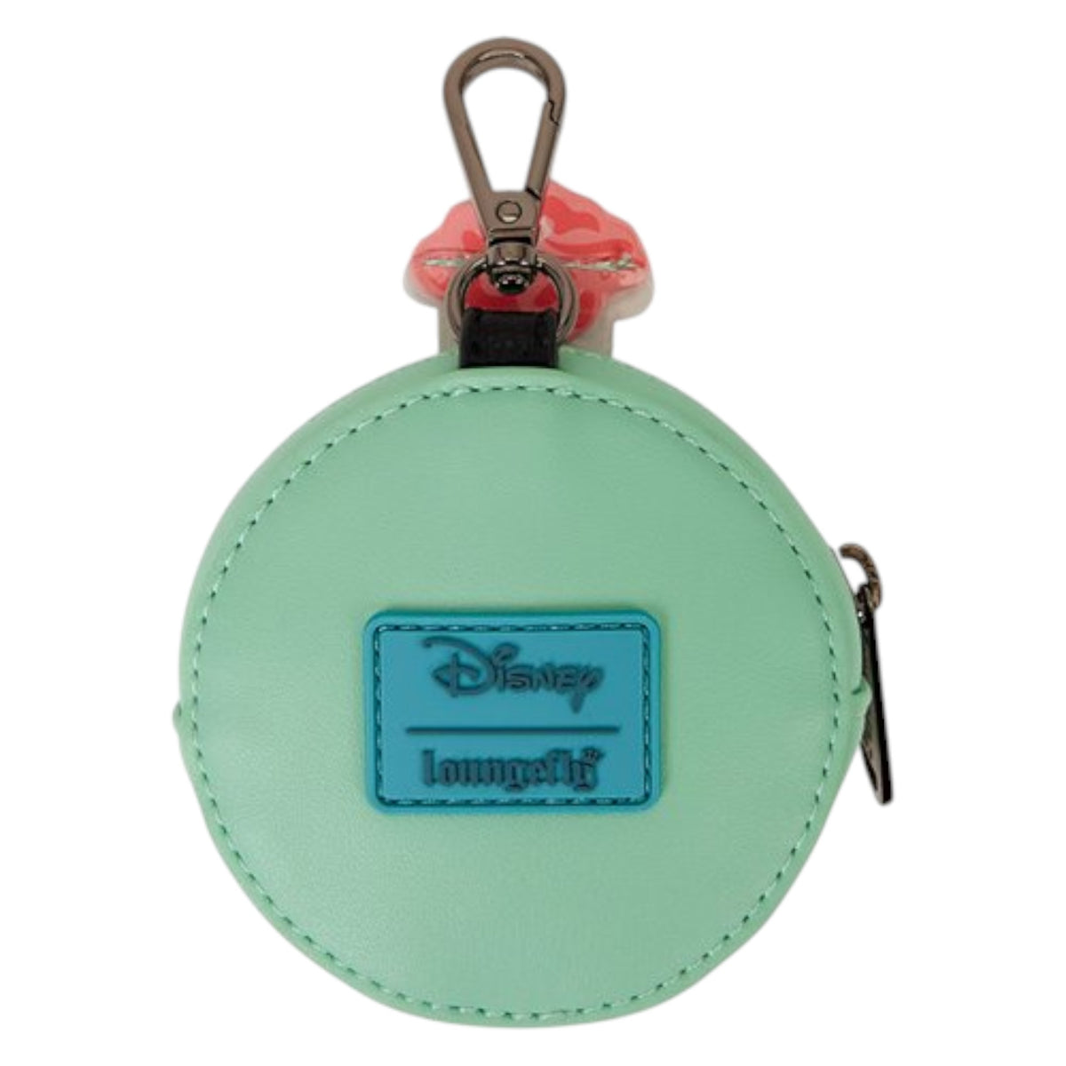 A mint green round coin purse keychain with a turquoise Disney Loungefly patch on the front, a silver metal clasp, and a pink lip charm at the top, shown on a white background.