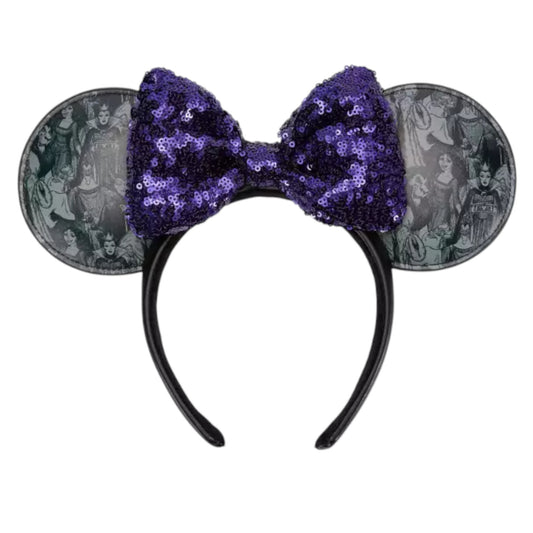 Black headband with purple sequin bow and gray ears on a white background