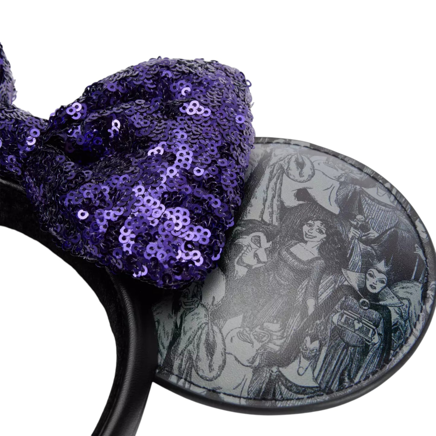 Black and purple sequin mouse ears with a design of villains on a white background