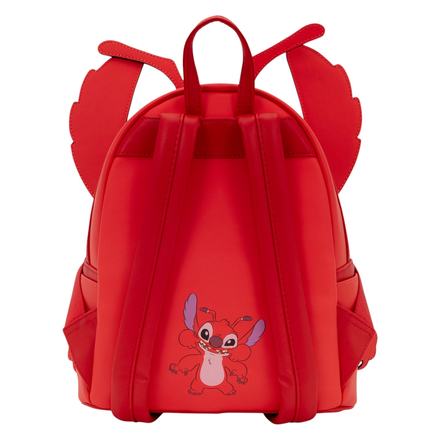 Back of Red Loungefly Lilo & Stitch Leroy Cosplay Mini Backpack with Leroy character design on a white background