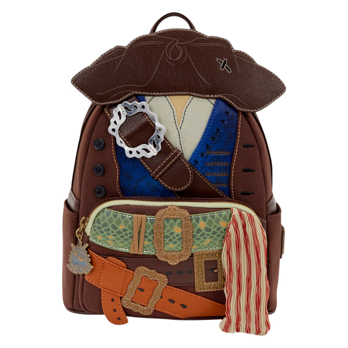 Loungefly Pirates of the Caribbean Jack Sparrow Cosplay Mini Backpack designed like Jack Sparrow with a brown jacket, blue vest, and other pirate accessories on a white background