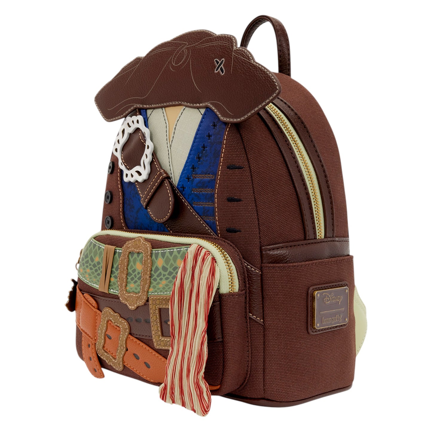 Loungefly Pirates of the Caribbean Jack Sparrow Cosplay Mini Backpack designed like Jack Sparrow with a brown jacket, blue vest, and other pirate accessories on a white background