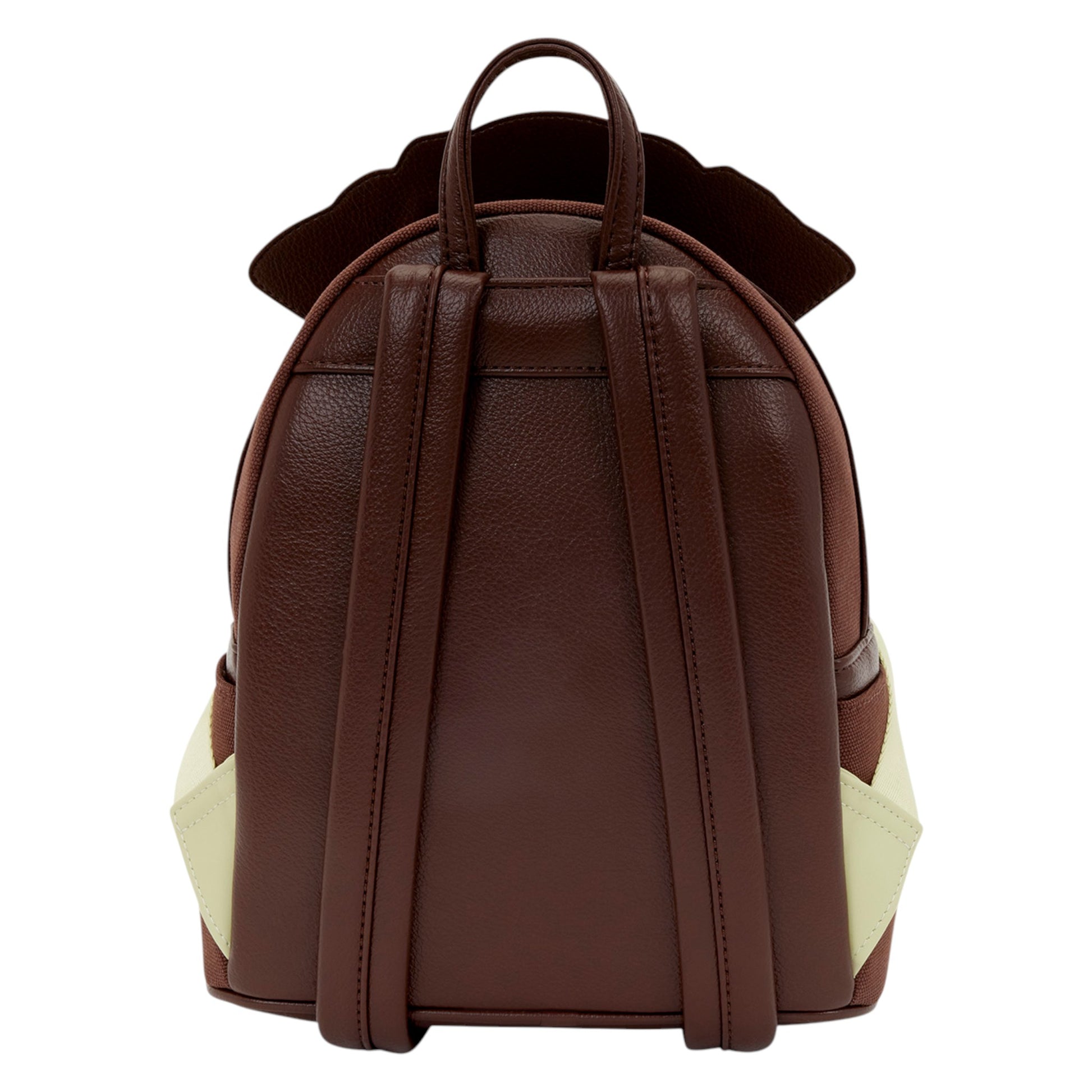 Back of Loungefly Pirates of the Caribbean Jack Sparrow Cosplay Mini Backpack with beige accents and brown straps on a white background