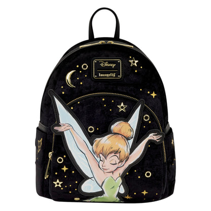 Loungefly Peter Pan Tinker Bell Pixie Dust Velvet Mini Backpack with Tinker Bell design on a black background with stars and moon on a white background