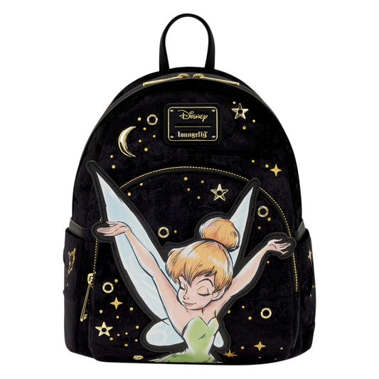 Loungefly Peter Pan Tinker Bell Pixie Dust Velvet Mini Backpack with Tinker Bell design on a black background with stars and moon on a white background
