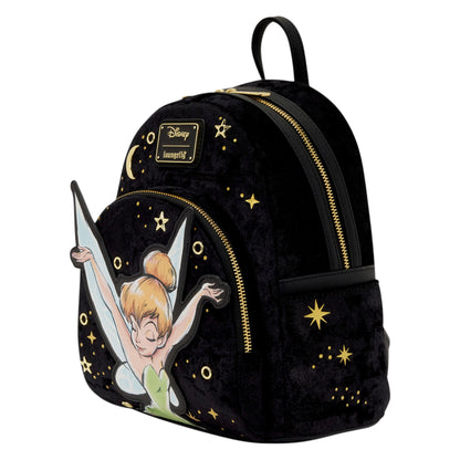 Loungefly Peter Pan Tinker Bell Pixie Dust Velvet Mini Backpack with Tinker Bell design on a black background with stars and moon on a white background