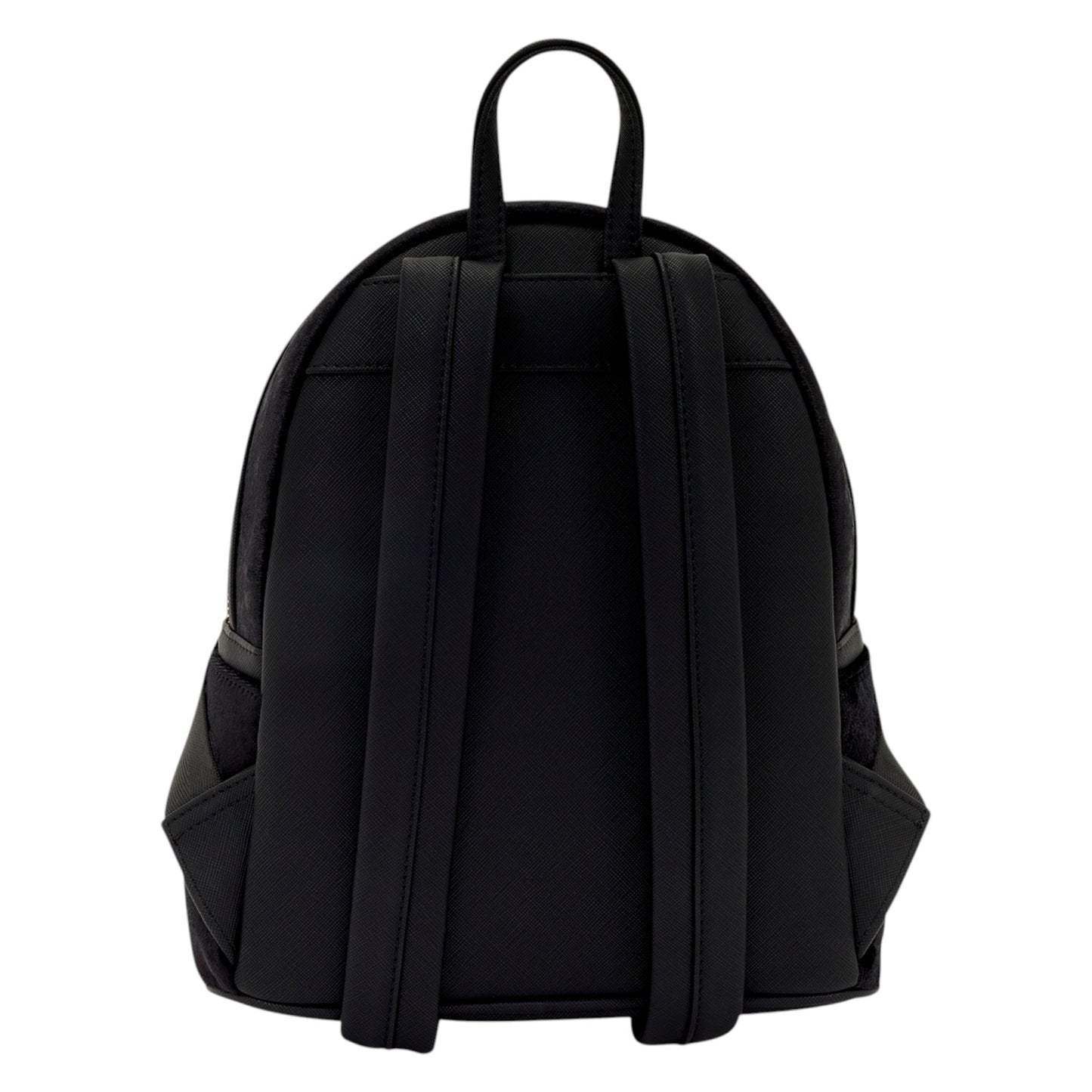 Back of Loungefly Peter Pan Tinker Bell Pixie Dust Velvet Mini Backpack with black straps on a white background