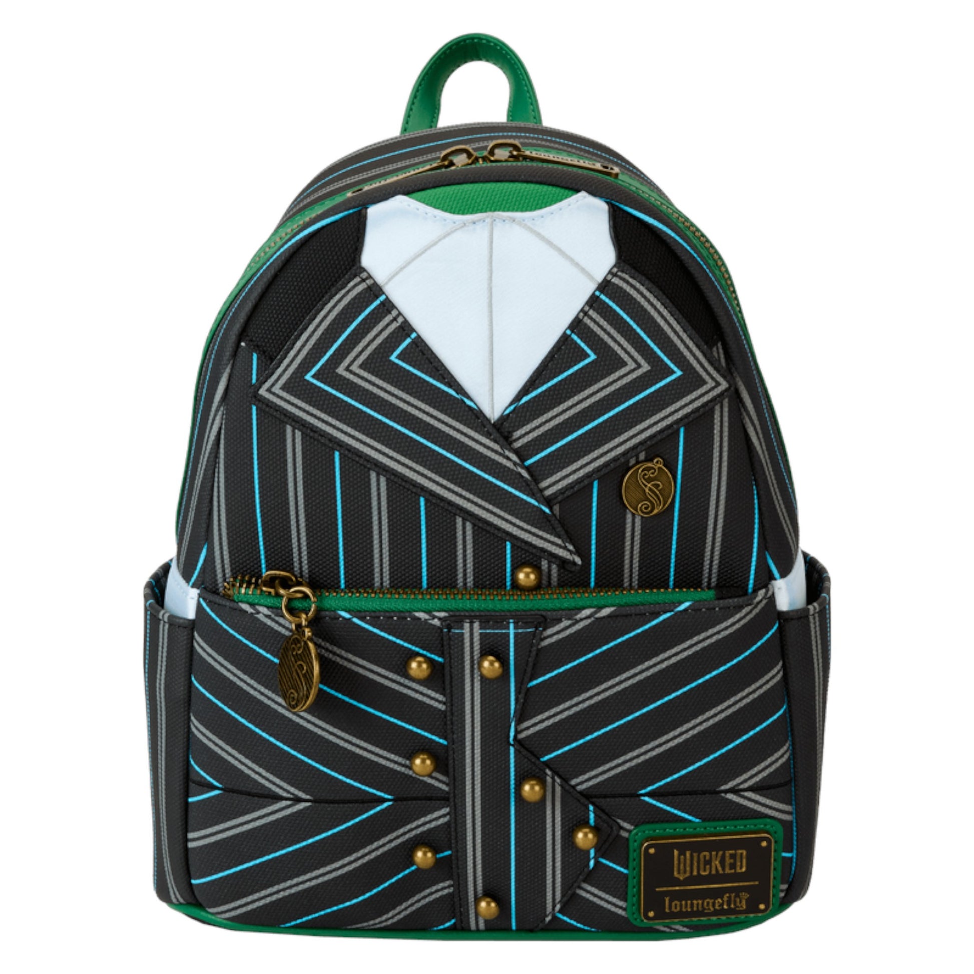 Backpack designed like Elphaba Shiz University Uniform with green, black, and white colors on a white background