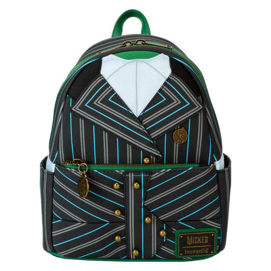 Backpack designed like Elphaba Shiz University Uniform with green, black, and white colors on a white background