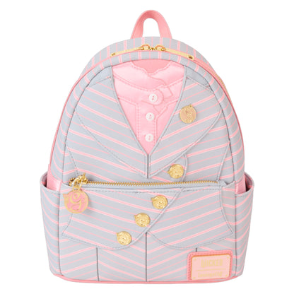 Backpack designed like Glinda Shiz University Uniform with pink shirt and gold buttons on a white background