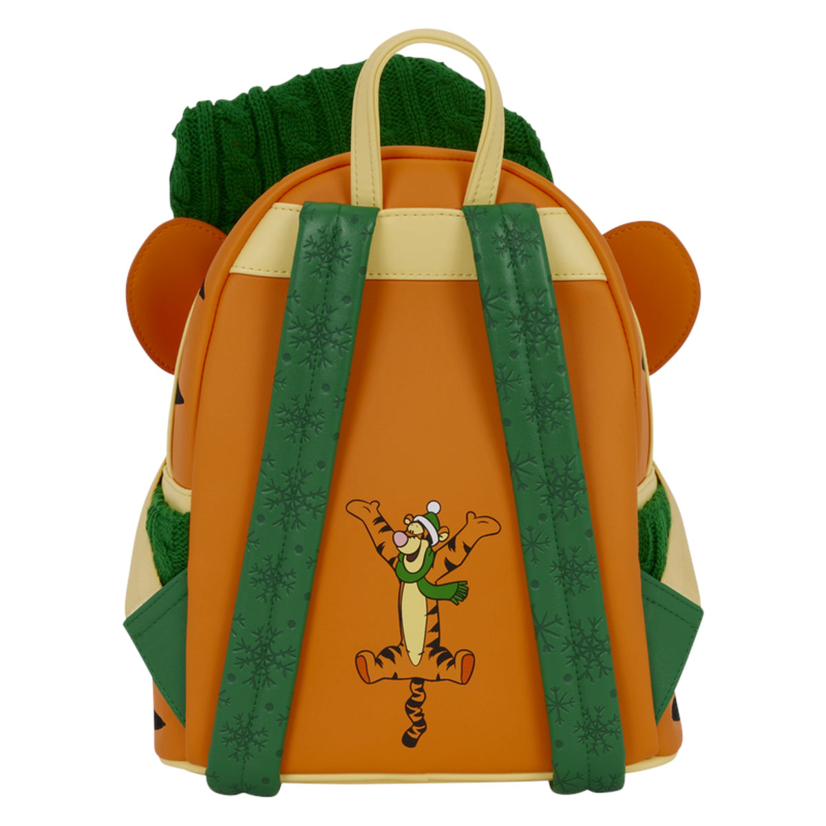 An orange backpack styled like a bear face, featuring green knit hat and scarf details on top, green shoulder patches, and a central graphic of Tigger wearing a Santa hat on the back panel.