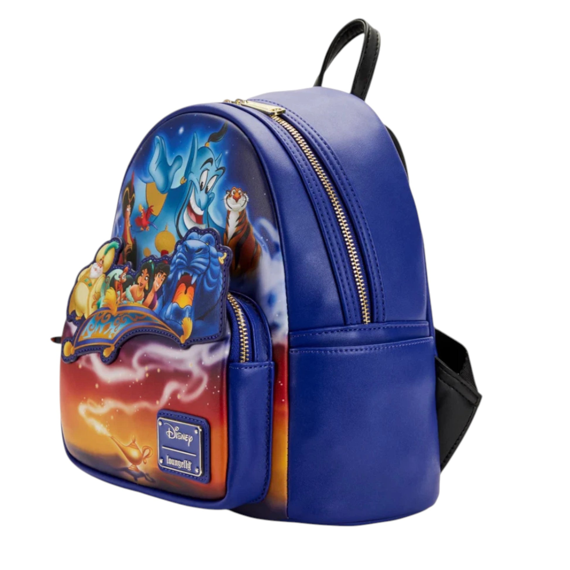 Blue backpack with Aladdin and friends character design on a white background