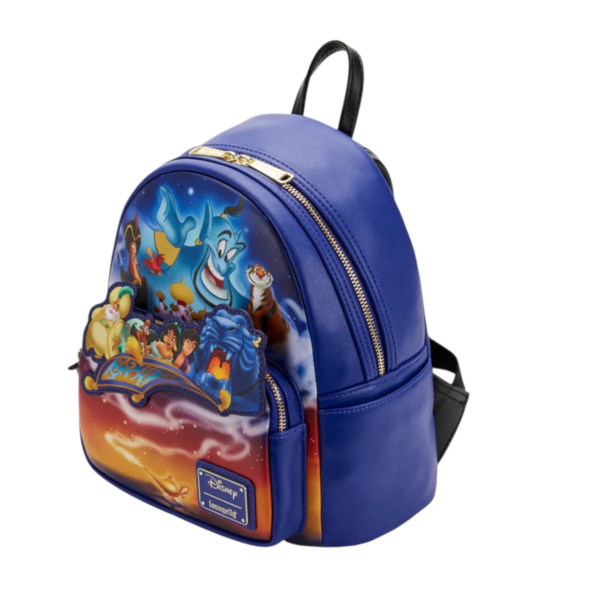 Blue backpack with Aladdin and friends character design on a white background