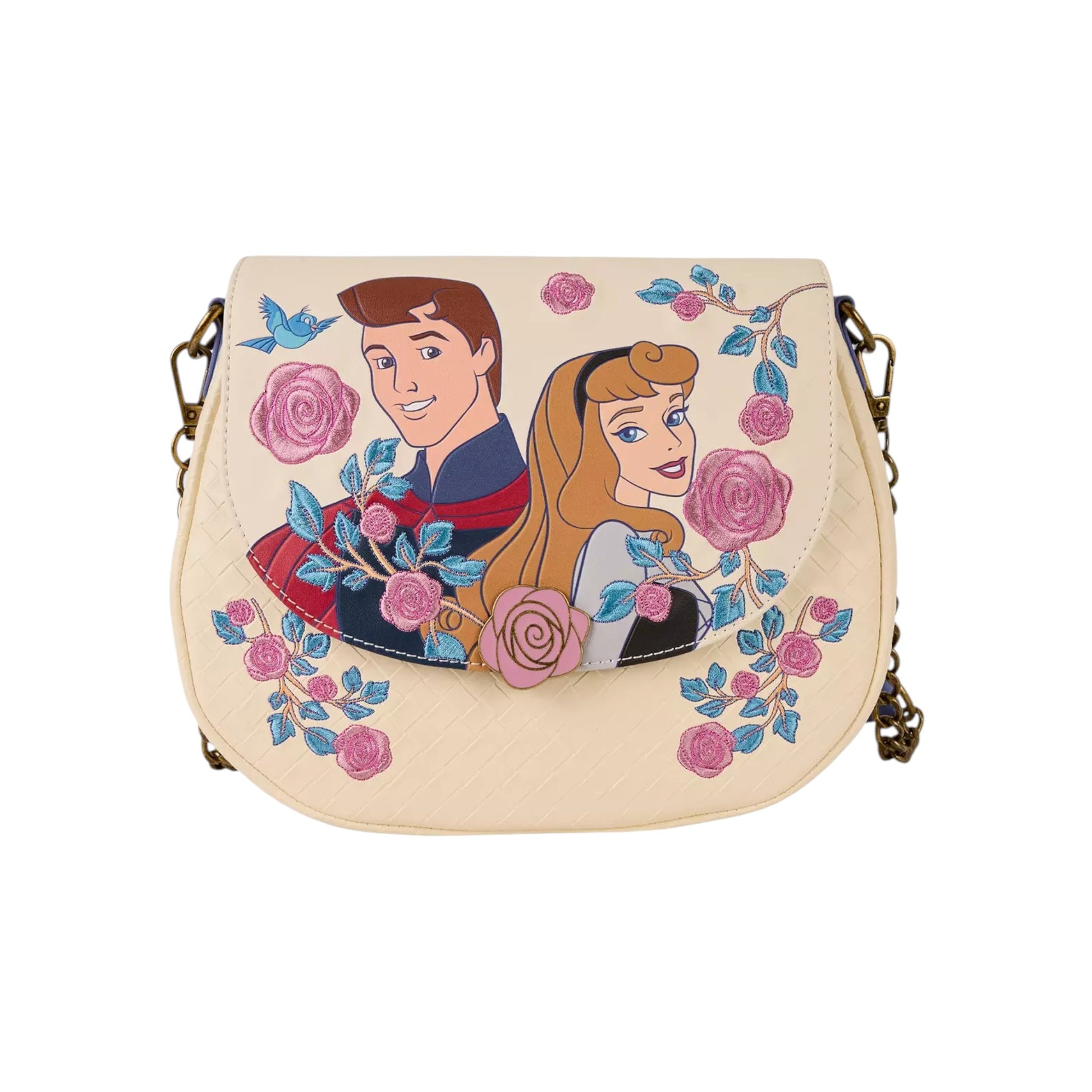 Handbag with Aurora & Prince Phillip characters and floral design on a white background