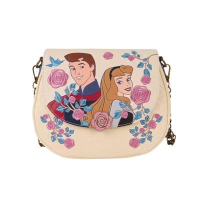 Handbag with Aurora & Prince Phillip characters and floral design on a white background