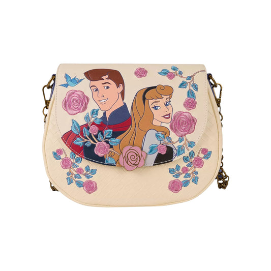 Handbag with Aurora & Prince Phillip characters and floral design on a white background