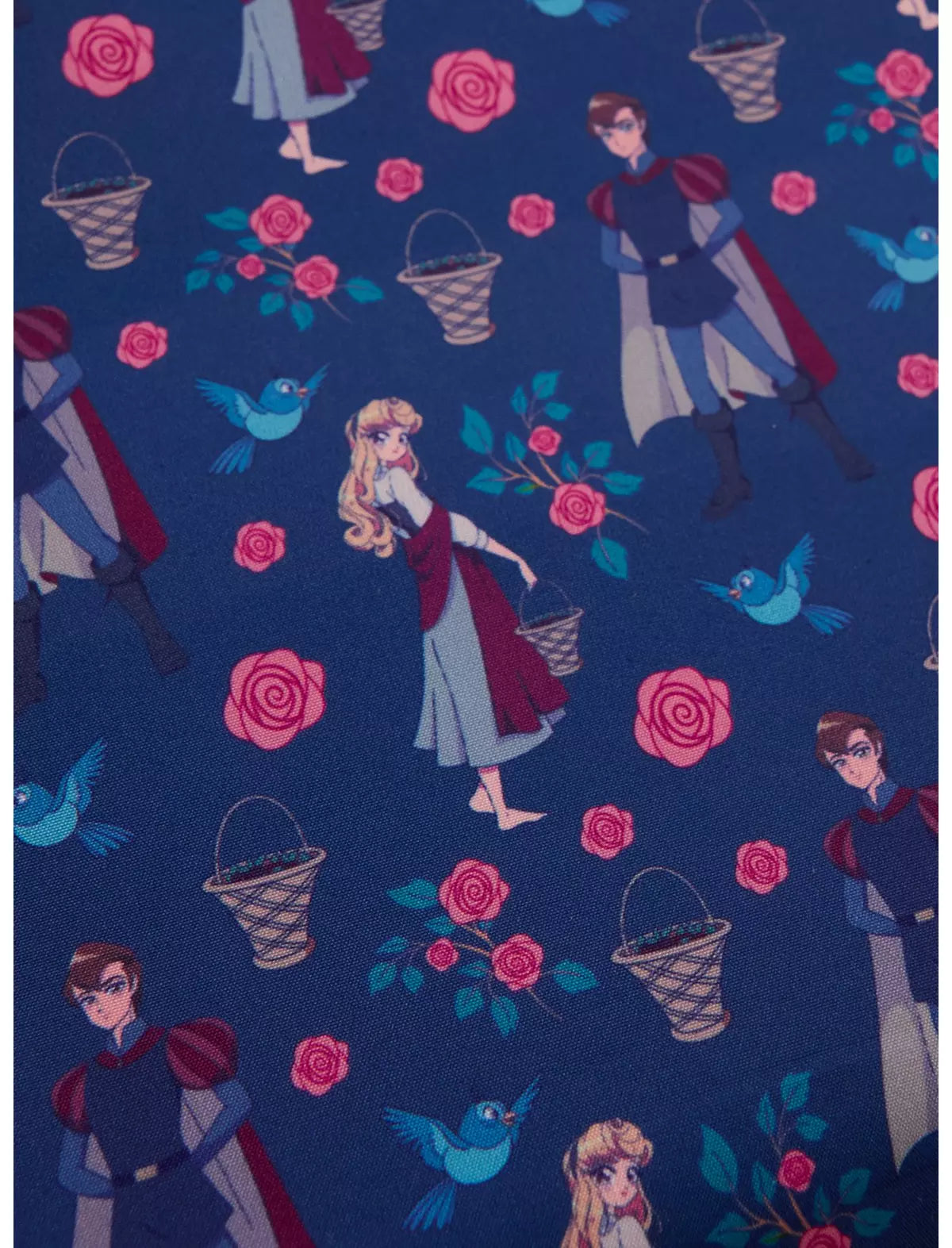 Fabric pattern with Aurora & Prince Phillip characters, flowers, and birds on a blue background