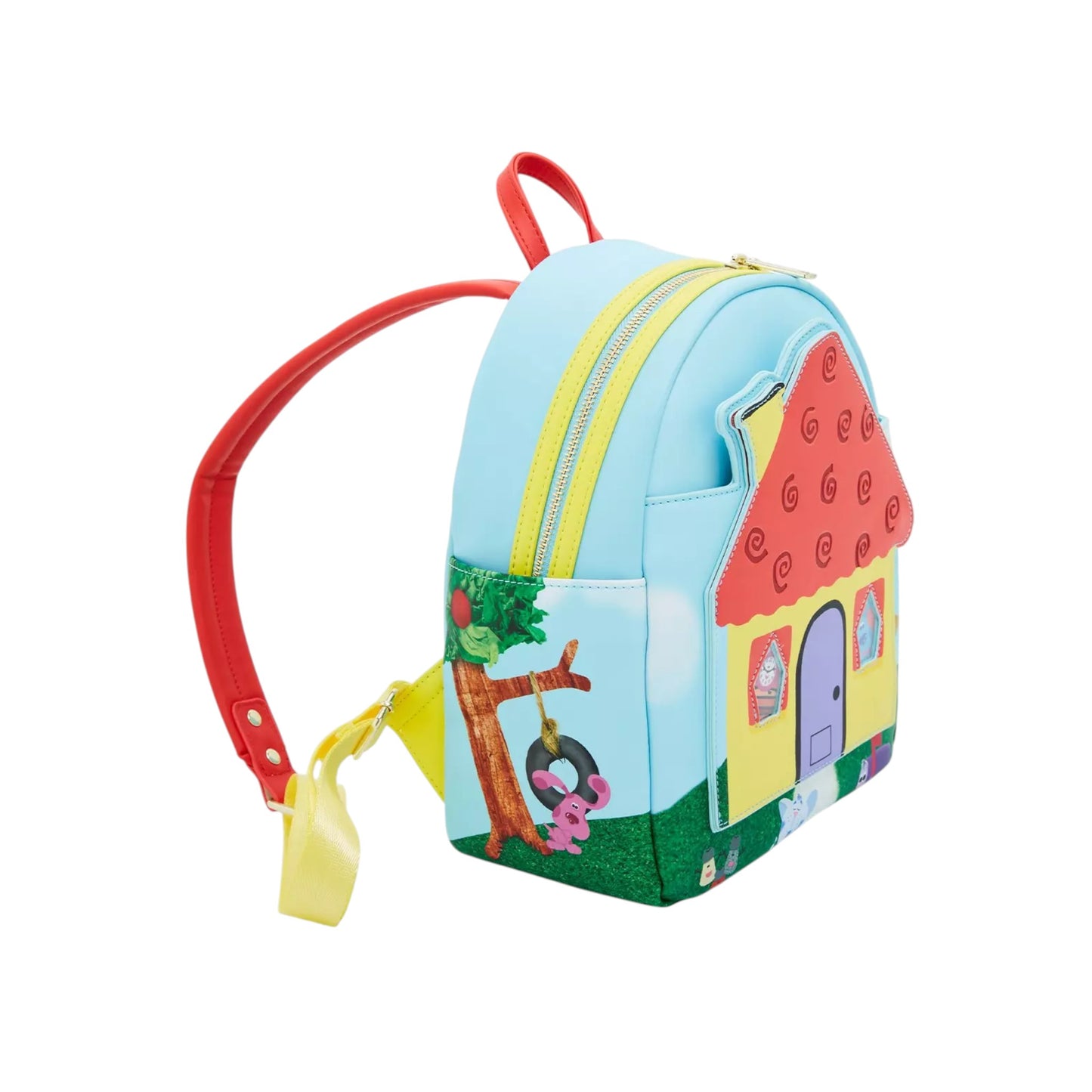 Side of blue backpack with red straps and a picture of magenta on a tire swing on a white background