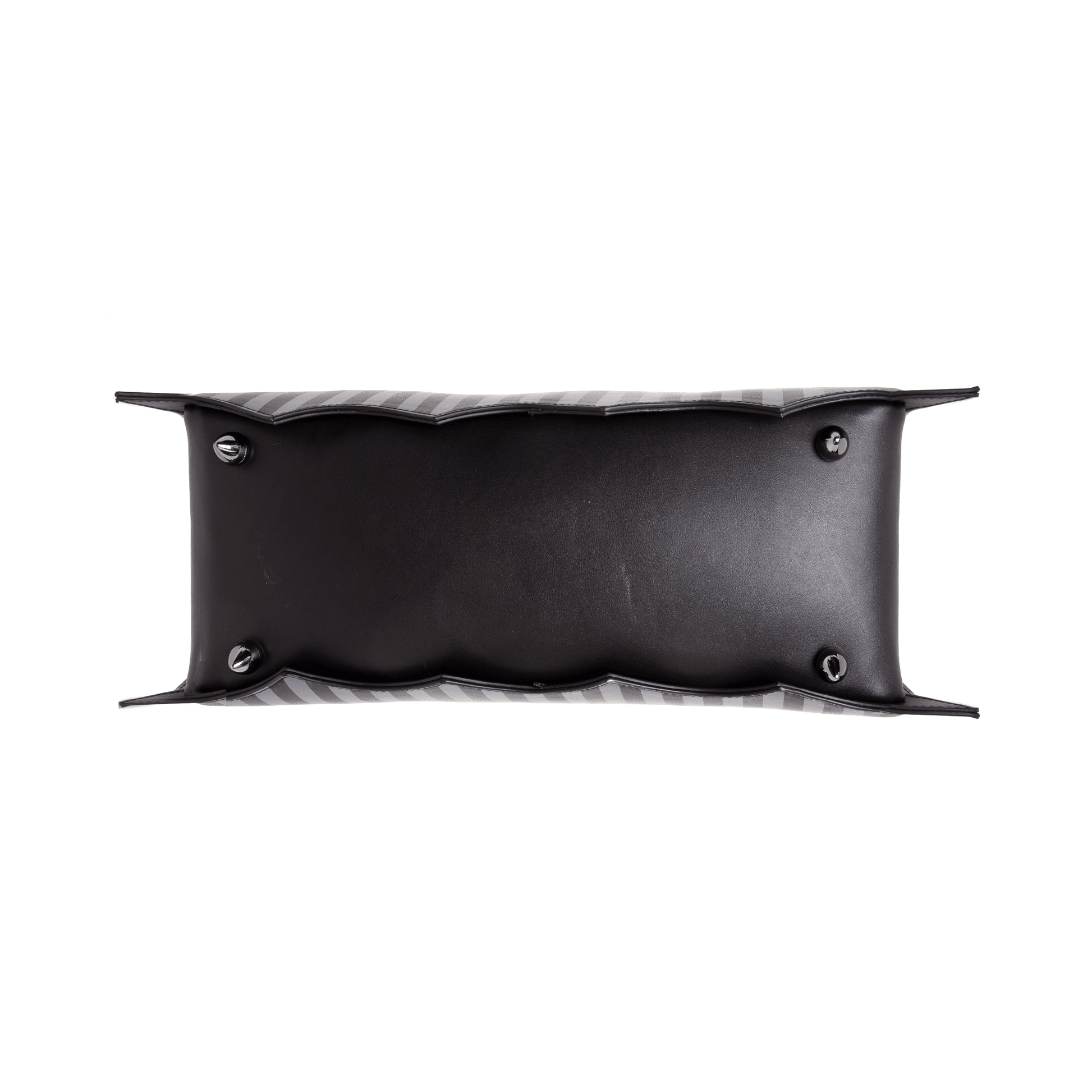 Bottom view of pinstripe bat shaped bag with metal feet  on a white background
