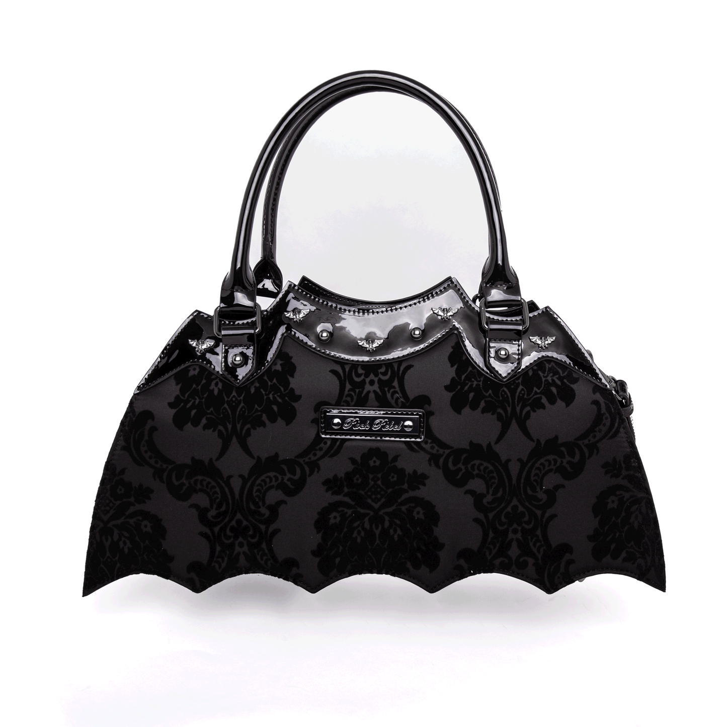 Back of black bat shaped bag with Rock Rebel logo on a white background